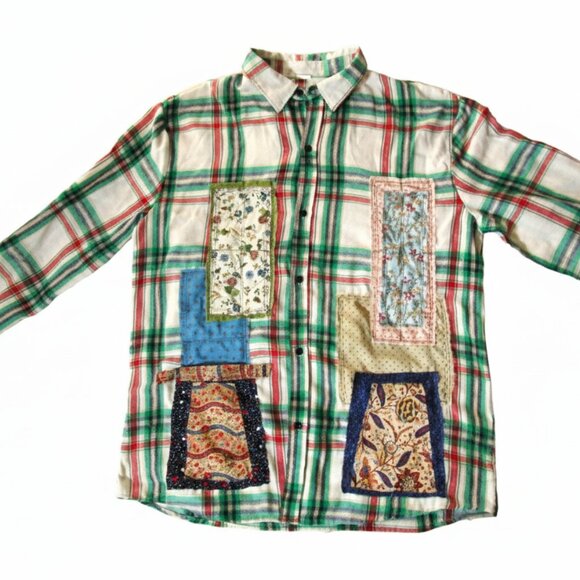 Upcycled Flannel Shirt with Patchwork Cat Design Handmade Boho Grunge Plaid - Picture 5 of 16